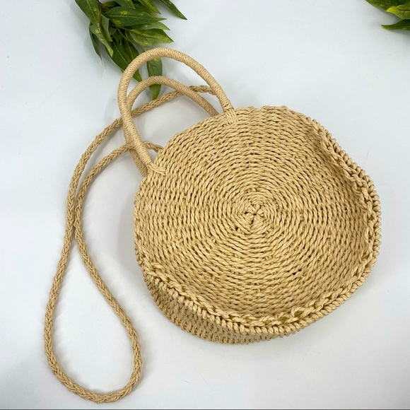 Bags Straw Purse Light Natural Round Strap Handles Zip Handbag Woven